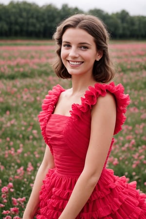 candid sharp closeup Photo of smiling young french woman in a pastel red ruffled haute couture dress:: field of colorful flowers, 1960, rainy day, cloudy day, France, french countryside, light pastel pink red color --ar 2:3