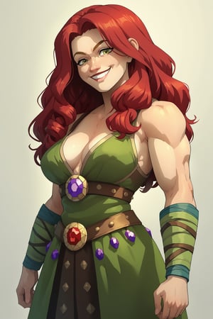 score_9, score_8_up, score_7_up, highres, masterpiece,INKER,  Strong and tall woman, muscular, wavy red hair, eyes half open, expression, calm smile, 