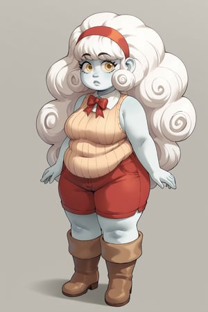 score_9, score_8_up, score_7_up, highres, masterpiece,INKER, chubby girl, ribbon headband, very white skin, silver white curly hair, fringe, sweater with sleeveless collar, red shorts, bright yellow eyes, large iris,, brown boots,