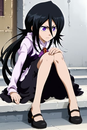 Rukia Kuchiki, long hair,dress, blouse with hood, flat shoes, black hair ,hair between eyes, purple eyes, defrka