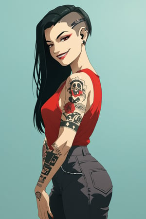 score_9, score_8_up, score_7_up, highres, masterpiece,INKER,  Young yakuza woman, posing, smile, undercut hairstyle, long hair, dragon tattoo, sexy