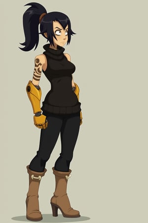 score_9,wakfu.,female, solo, metal skin color, black hair, high ponytail,, sweater, turtle neck, no sleeves, high heel boots, black clothes, mechanical arm, tattoo, stern face, expression focus