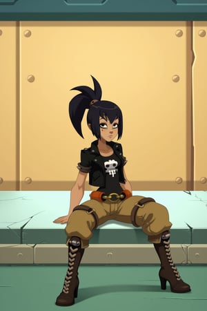 score_9,wakfu.,female, solo, black hair, ponytail, black t-shirt, leather jacket, cargo panta, high heel boots, robot, gray metalic skin, 