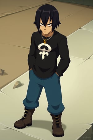 score_9,wakfu.,Male, solo, black hair, Medium hair falling out, dark circles under the eyes, black t-shirt, long sleeves, pants with pockets, boots, pendant, hand with a claw made of shadows, black clothes, 