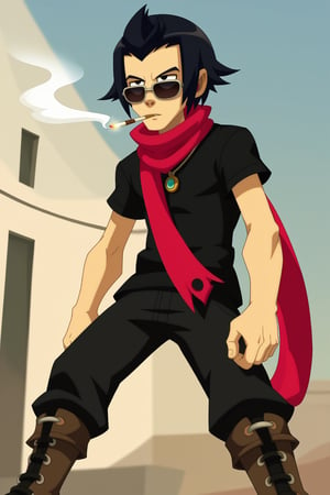 score_9,wakfu.,Male, solo, black hair, Medium hair, hair falling out, dark circles under the eyes, black t-shirt, leather jacket, long slevees pants with pockets, boots, pendant, black clothes, long scarf, sunglasses, smoking, cawboy shot, expression focus 