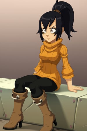 score_9,wakfu.,female, solo, metal skin color, black hair, high short ponytail,, sweater, turtle neck, no sleeves, high heel boots, black clothes, mechanical arm, stern face, expression focus