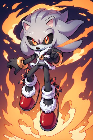 raised hair, fur made of fire, black sclera, large orange eyes, gray skin, sonic the hedgehog, male, source_anime, fullbody, score_7_up, score_8_up, score_9_up,gray hair,evnstnly