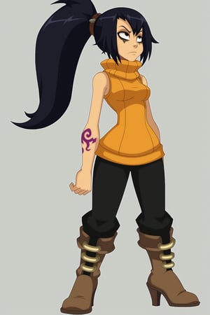 score_9,wakfu.,female, solo, metal skin color, black hair, high shrt ponytail,, sweater, turtle neck, no sleeves, high heel boots, black clothes, mechanical arm, tattoo, stern face, expression focus