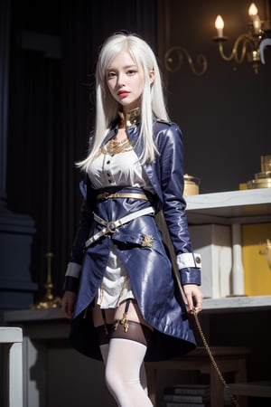 (lena, white hair, white stockings, long hair), military-inspired outfit, deep blue uniform-style coat, gold and white detailing, high collar with gold trim, gold buttons, gold stripes on arms, short white skirt, black belt with gold buckle, decorative gold chain, over-the-knee white stockings, black garter straps, deep blue ankle boots, yellow cuff, modern and fashionable twist, photorealistic photo, perfect female body, Read Description. High Detail,masterpiece,best quality,more detail,Hyper Quality,detailed,more detail,Texture-rich,Delicate texture,1 girl