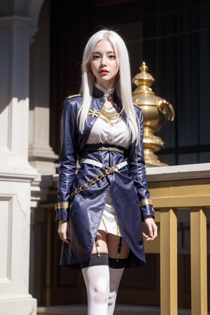 (lena, white hair, white stockings, long hair), military-inspired outfit, deep blue uniform-style coat, gold and white detailing, high collar with gold trim, gold buttons, gold stripes on arms, short white skirt, black belt with gold buckle, decorative gold chain, over-the-knee white stockings, black garter straps, deep blue ankle boots, yellow cuff, modern and fashionable twist, photorealistic photo, perfect female body, Read Description. High Detail,masterpiece,best quality,more detail,Hyper Quality,detailed,more detail,Texture-rich,Delicate texture,1 girl