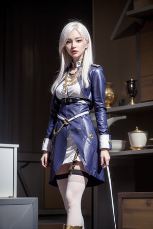 (lena, white hair, white stockings, long hair), military-inspired outfit, deep blue uniform-style coat, gold and white detailing, high collar with gold trim, gold buttons, gold stripes on arms, short white skirt, black belt with gold buckle, decorative gold chain, over-the-knee white stockings, black garter straps, deep blue ankle boots, yellow cuff, modern and fashionable twist, photorealistic photo, perfect female body, Read Description. High Detail,masterpiece,best quality,more detail,Hyper Quality,detailed,more detail,Texture-rich,Delicate texture,1 girl