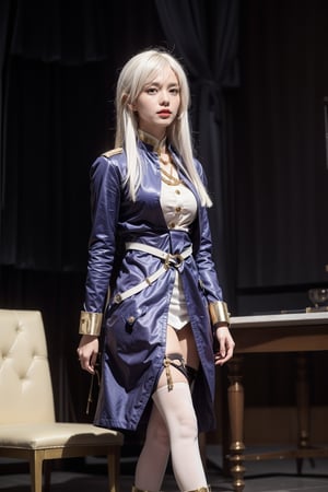 (lena, white hair, white stockings, long hair, bangs, hair between eyes), military-inspired outfit, deep blue uniform-style coat, gold and white detailing, high collar with gold trim, gold buttons, gold stripes on arms, short white skirt, black belt with gold buckle, decorative gold chain, over-the-knee white stockings, black garter straps, deep blue ankle boots, yellow cuff, modern and fashionable twist, photorealistic photo, perfect female body, Read Description. High Detail,masterpiece,best quality,more detail,Hyper Quality,detailed,more detail,Texture-rich,Delicate texture,1 girl