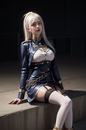 (lena, white hair, white stockings), military-inspired outfit, navy blue uniform-style coat, gold and white detailing, high collar with gold trim, gold buttons, gold stripes on arms, short white skirt, black belt with gold buckle, decorative gold chain, over-the-knee white stockings, black garter straps, deep blue ankle boots, yellow cuff, modern and fashionable twist, photorealistic photo, perfect female body, Read Description. High Detail,masterpiece,best quality,more detail,Hyper Quality,detailed,more detail,Texture-rich,Delicate texture