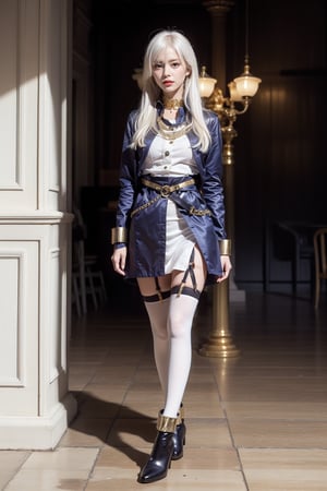 (lena, white hair, white stockings, long hair, bangs, hair between eyes), military-inspired outfit, deep blue uniform-style coat, gold and white detailing, high collar with gold trim, gold buttons, gold stripes on arms, short white skirt, black belt with gold buckle, decorative gold chain, over-the-knee white stockings, black garter straps, deep blue ankle boots, yellow cuff, modern and fashionable twist, photorealistic photo, perfect female body, Read Description. High Detail,masterpiece,best quality,more detail,Hyper Quality,detailed,more detail,Texture-rich,Delicate texture,1 girl