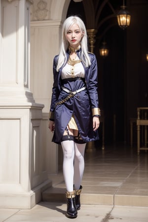 (lena, white hair, white stockings, long hair, bangs, hair between eyes), military-inspired outfit, deep blue uniform-style coat, gold and white detailing, high collar with gold trim, gold buttons, gold stripes on arms, short white skirt, black belt with gold buckle, decorative gold chain, over-the-knee white stockings, black garter straps, deep blue ankle boots, yellow cuff, modern and fashionable twist, photorealistic photo, perfect female body, Read Description. High Detail,masterpiece,best quality,more detail,Hyper Quality,detailed,more detail,Texture-rich,Delicate texture,1 girl