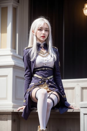 (lena, white hair, white stockings, long hair), military-inspired outfit, deep blue uniform-style coat, gold and white detailing, high collar with gold trim, gold buttons, gold stripes on arms, short white skirt, black belt with gold buckle, decorative gold chain, over-the-knee white stockings, black garter straps, deep blue ankle boots, yellow cuff, modern and fashionable twist, photorealistic photo, perfect female body, Read Description. High Detail,masterpiece,best quality,more detail,Hyper Quality,detailed,more detail,Texture-rich,Delicate texture,1 girl