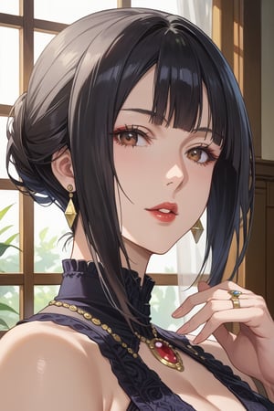 score_9, score_8_up, score_7_up, masterpiece, best quality, absurdres, very aesthetic, source_anime, detailed illustration, 8K UHD, close up, 
1girl, solo, looking at viewer, short hair, bangs, black hair, brown eyes, jewelry, upper body, earrings, parted lips, indoors, blunt bangs, black dress, makeup, ring, gem, red lips,leonora nakiri