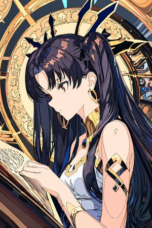 A beautiful witch reading a grimoire in an enchanting library, surrounded by mystical atmosphere and magical ambiance. (masterpiece, top quality, best quality), (1girl:1.4), upper body,portrait, extreme detailed,Cogecha,ishtar \(fate\),8k,high resolution