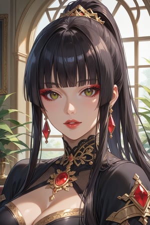 score_9, score_8_up, score_7_up, masterpiece, best quality, absurdres, very aesthetic, source_anime, detailed illustration, 8K UHD, close up, 
1girl, solo, looking at viewer,long hair, bangs, black hair, brown eyes, jewelry,earrings, parted lips, indoors, blunt bangs, black dress, makeup, ring, gem, red lips,hime_cut,ponytail