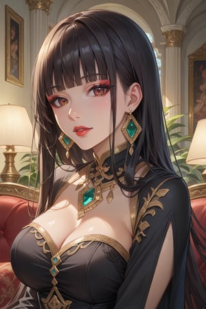 score_9, score_8_up, score_7_up, masterpiece, best quality, absurdres, very aesthetic, source_anime, detailed illustration, 8K UHD, close up, 
1girl, solo, looking at viewer,long hair, bangs, black hair, brown eyes, jewelry,earrings, parted lips, indoors, blunt bangs, black dress, makeup, ring, gem, red lips,