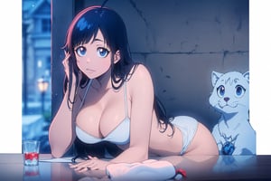 ultra realistic 8k cg, masterpiece, ultra detailed bathroom background, delicate pattern, intricate detail,highly detailed, fine details, best quality, (photorealistic:1.4),beautiful lighting, absurdres,big breasts,SFW,1girl,big breasts,masterpiece, best quality, highres, ,Gissele/bleach/,dark hair,antene,blue eyes,cleavage,backshot,Giselle Gewelle,incredibly absurdres,(full body),white bra,((Wearing only white underwear and white stockings)),(braid hair),Medium Shot