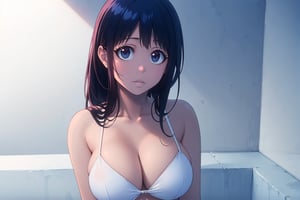 ultra realistic 8k cg, masterpiece, ultra detailed bathroom background, delicate pattern, intricate detail,highly detailed, fine details, best quality, (photorealistic:1.4),beautiful lighting, absurdres,big breasts,SFW,1girl,big breasts,masterpiece, best quality, highres, ,Gissele/bleach/,dark hair,antene,blue eyes,cleavage,backshot,Giselle Gewelle,incredibly absurdres,(full body),white bra,((Wearing only white underwear and white stockings)),(tie a ponytail),(((full-body shot))),high detail eyes