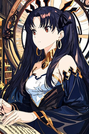 A beautiful witch reading a grimoire in an enchanting library, surrounded by mystical atmosphere and magical ambiance. (masterpiece, top quality, best quality), (1girl:1.4), upper body,portrait, extreme detailed,Cogecha,ishtar \(fate\)