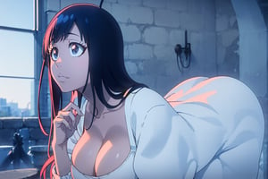 ultra realistic 8k cg, masterpiece, ultra detailed bathroom background, delicate pattern, intricate detail,highly detailed, fine details, best quality, (photorealistic:1.4),beautiful lighting, absurdres,big breasts,SFW,1girl,big breasts,masterpiece, best quality, highres, ,Gissele/bleach/,dark hair,antene,blue eyes,cleavage,backshot,big ass,,Giselle Gewelle,incredibly absurdres,(full body shot),white bra,white stocking,(braid hair)