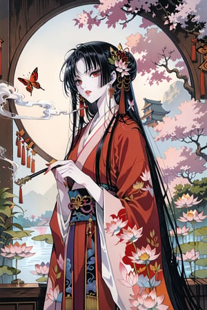 score_9,score_8_up,score_7_up,masterpiece,best quality,xxxHOLiC,Ichihara Yuko,1girl,black hair,solo,japanese clothes,kiseru,smoking pipe,red eyes,bug,butterfly,long hair,kimono,flower,smoke,pale skin,lotus,traditional media,,CLAMP, ink wash painting,shuimo style