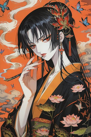 score_9,score_8_up,score_7_up,masterpiece,best quality,xxxHOLiC,Ichihara Yuko,1girl,black hair,solo,japanese clothes,kiseru,smoking pipe,red eyes,bug,butterfly,long hair,kimono,flower,smoke,pale skin,lotus,traditional media,,CLAMP