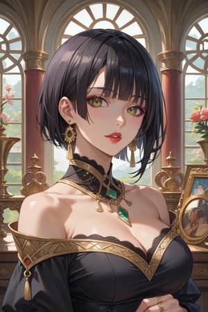 score_9, score_8_up, score_7_up, masterpiece, best quality, absurdres, very aesthetic, source_anime, detailed illustration, 8K UHD, close up, 
1girl, solo, looking at viewer, short hair, bangs, black hair, brown eyes, jewelry, upper body, earrings, parted lips, indoors, blunt bangs, black dress, makeup, ring, gem, red lips,leonora nakiri