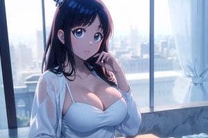 ultra realistic 8k cg, masterpiece, ultra detailed bathroom background, delicate pattern, intricate detail,highly detailed, fine details, best quality, (photorealistic:1.4),beautiful lighting, absurdres,big breasts,SFW,1girl,big breasts,masterpiece, best quality, highres, ,Gissele/bleach/,dark hair,antene,blue eyes,cleavage,backshot,Giselle Gewelle,incredibly absurdres,(full body),white bra,((Wearing only white underwear and white stockings)),(tie a ponytail),(((full-body shot))),high detail eyes,sitting
