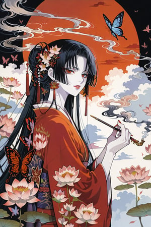 score_9,score_8_up,score_7_up,masterpiece,best quality,xxxHOLiC,Ichihara Yuko,1girl,black hair,solo,japanese clothes,kiseru,smoking pipe,red eyes,bug,butterfly,long hair,kimono,flower,smoke,pale skin,lotus,traditional media,,CLAMP