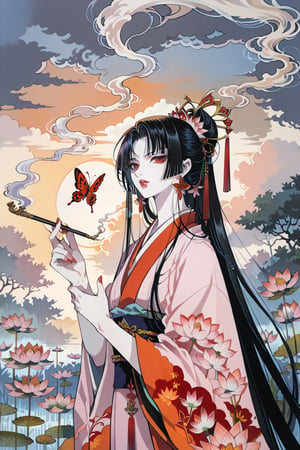 score_9,score_8_up,score_7_up,masterpiece,best quality,xxxHOLiC,Ichihara Yuko,1girl,black hair,solo,japanese clothes,kiseru,smoking pipe,red eyes,bug,butterfly,long hair,kimono,flower,smoke,pale skin,lotus,traditional media,,CLAMP