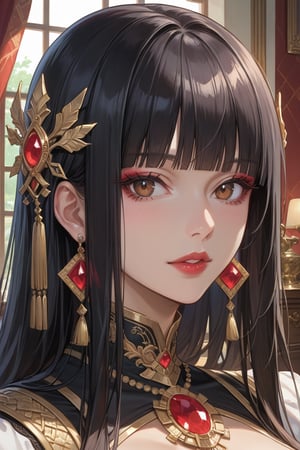 score_9, score_8_up, score_7_up, masterpiece, best quality, absurdres, very aesthetic, source_anime, detailed illustration, 8K UHD, close up, 
1girl, solo, looking at viewer,long hair, bangs, black hair, brown eyes, jewelry,earrings, parted lips, indoors, blunt bangs, black dress, makeup, ring, gem, red lips,hime_cut