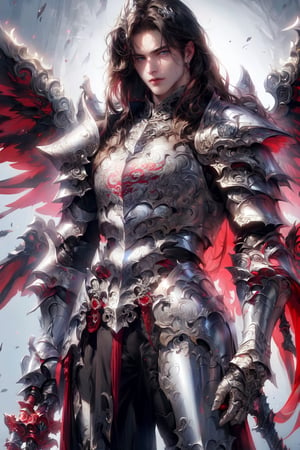 (masterpiece, best quality:1.2), Character design, ((1 boy, solo)), ((Zhao yun)),warrior of xian, slim body, medium chest, ((long deep hair)). blue eyes. (((color fantasy armor a male knight in a color full armor))), (((big pauldrons, intricate details))), (((large armor wings))), (((Advanced Weapons Fantasy Right Handed Spear))), (standing), plain gray background, masterpiece, HD high quality, 8K ultra high definition, ultra definition,Masterpiece
