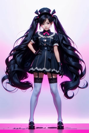 masterpiece,best quality,
1 hongkong doll girl ,asymmetrical legwear,(black bow:1.2),black ribbon,(color hair:1.5),bow,breasts,full body,gloves,(hair bow:1.3),birthday hat,hat,(long hair:1.2),simple background,solo,standing,striped bow,thighhighs,very long hair,white background,white gloves,(color lace legwear:1.2),Delicate hands,detailed fingers,five fingers,(one hand pinching the waist:1.3),(twintails:1.3),realhands,Circle,r1ge,chibi