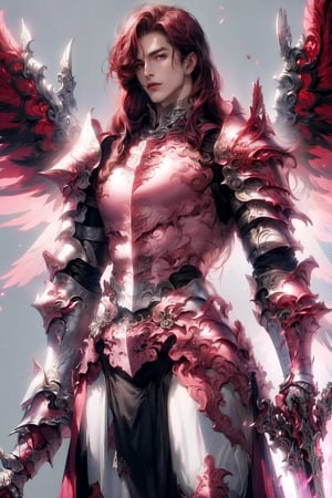 (masterpiece, best quality:1.2), Character design, ((1 boy, solo)), ((Zhao yun)),warrior of xian, slim body, medium chest, skinny waist, ((long deep red hair)). blue eyes. (((pink fantasy armor a male knight in a pink full armor))), (((big pauldrons, intricate details))), (((large armor wings))), (((advanced weapon fantasy plasma sword in right hand))), (standing), plain gray background, masterpiece, HD high quality, 8K ultra high definition, ultra definition,1 girl,Masterpiece