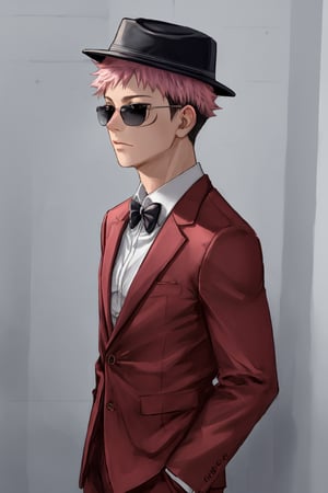 yuji itadori, alone, 1 boy, pink hair, short hair shaved on the sides, wearing 1 elegant pink suit, muscular, with sunglasses, ,itadori yuuji,spiked hair,short hair,undercut,facial mark,Germany Male,brown eyes, boater hat