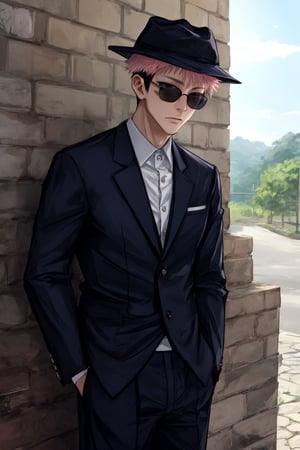 yuji itadori, alone, 1 boy, pink hair, short hair shaved on the sides, wearing 1 stylish suit, muscular, wearing sunglasses, yuuji itadori, spiky hair, short hair, undercut, facial marking, Germany Male, eyes brown boater hat