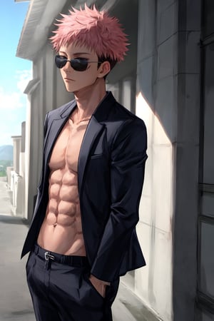 yuji itadori, alone, 1 boy, pink hair, short hair shaved on the sides, wearing 1 stylish suit, muscular, wearing sunglasses, yuuji itadori, spiky hair, short hair, undercut, facial marking, Germany Male, eyes brown boater hat