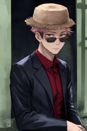 yuji itadori, alone, 1 boy, pink hair, short hair shaved on the sides, wearing 1 stylish suit, muscular, wearing sunglasses, yuuji itadori, spiky hair, short hair, undercut, facial marking, Germany Male, eyes brown boater hat