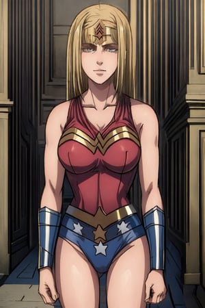 1 girl, alone, city, masterpiece, very detailed, blonde, long hair Lora de Ymir, big breasts, soft smile, wearing, the costume, wonder woman,wonder2