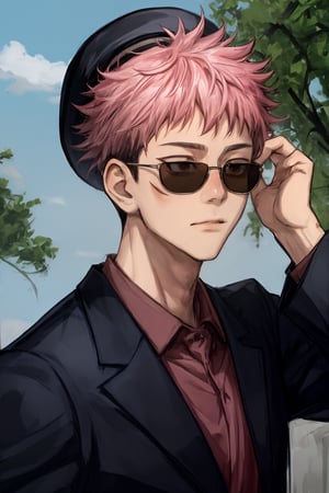 yuji itadori, alone, 1 boy, pink hair, short hair shaved on the sides, wearing 1 stylish suit, muscular, wearing sunglasses, yuuji itadori, spiky hair, short hair, undercut, facial marking, Germany Male, eyes brown boater hat