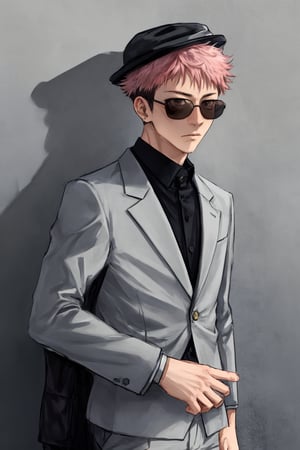 yuji itadori, alone, 1 boy, pink hair, short hair shaved on the sides, wearing 1 stylish suit, muscular, wearing sunglasses, yuuji itadori, spiky hair, short hair, undercut, facial marking, Germany Male, eyes brown boater hat