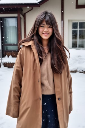 Beautiful and delicate light, (beautiful and delicate eyes), pale skin, big smile, (brown eyes), (black long hair), dreamy, medium chest, woman 1, (front shot), japen girl, bangs, soft expression, height 170, elegance, bright smile, 8k art photo, realistic concept art, realistic, portrait, necklace, small earrings, handbag, fantasy, jewelry, shyness, skirt, winter down parka, scarf, snowy street, footprints,Future girl, kama-yi, (kama-yi)