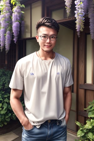 1boy, Realistic realism, a real taiwan young man with a relaxed and happy expression, wearing a white shirt and jeans, refreshing in summer, two pieces of bare sandblasted glass with engravings of wisteria flowers are placed behind the young man on the left and right sides,bevis,bevis,bevis,(glasses),elminisonii