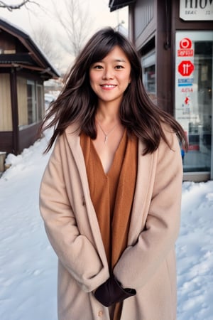 Beautiful and delicate light, (beautiful and delicate eyes), pale skin, big smile, (brown eyes), (black long hair), dreamy, medium chest, woman 1, (front shot), japen girl, bangs, soft expression, height 170, elegance, bright smile, 8k art photo, realistic concept art, realistic, portrait, necklace, small earrings, handbag, fantasy, jewelry, shyness, skirt, winter down parka, scarf, snowy street, footprints,Future girl, kama-yi, (kama-yi)