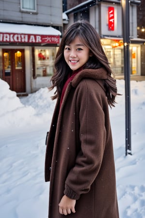 Beautiful and delicate light, (beautiful and delicate eyes), pale skin, big smile, (brown eyes), (black long hair), dreamy, medium chest, woman 1, (front shot), japen girl, bangs, soft expression, height 170, elegance, bright smile, 8k art photo, realistic concept art, realistic, portrait, necklace, small earrings, handbag, fantasy, jewelry, shyness, skirt, winter down parka, scarf, snowy street, footprints,Future girl, kama-yi, (kama-yi)