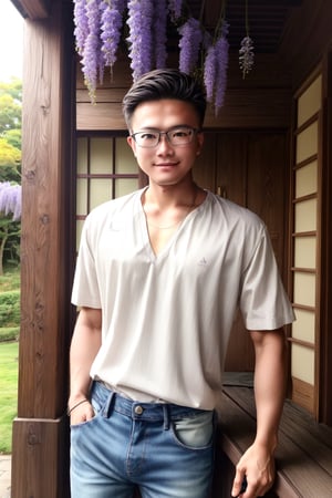 1boy, Realistic realism, a real Japanese young man with a relaxed and happy expression, wearing a white shirt and jeans, refreshing in summer, two pieces of bare sandblasted glass with engravings of wisteria flowers are placed behind the young man on the left and right sides,bevis,bevis,bevis,(glasses),elminisonii